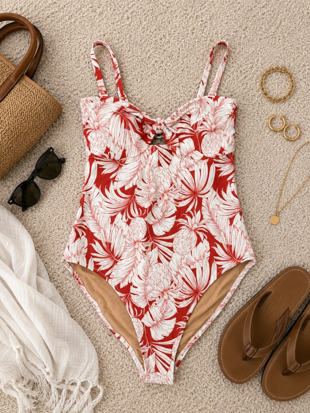 NWT Old Navy Tropical One Piece Swimsuit Medium Orange White Palm Print Resort